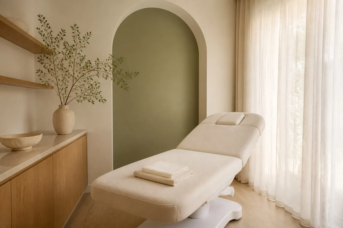 Sala de atendimento fictícia com maca clara, madeira e nicho verde sálvia