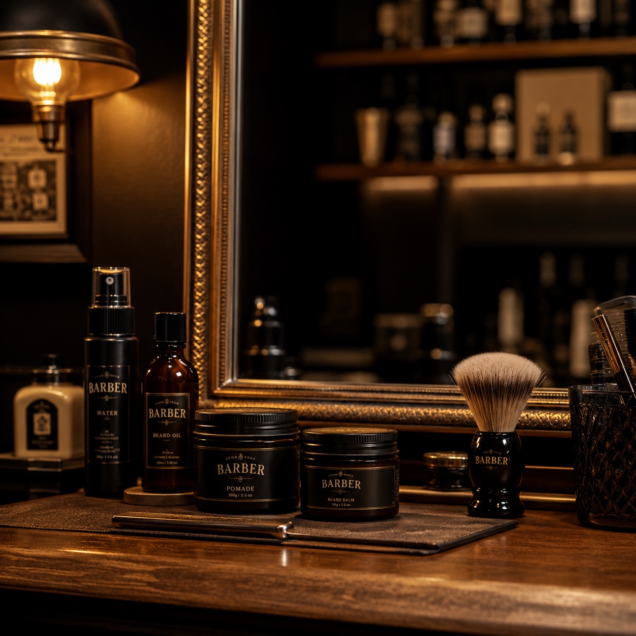 Referência visual de bancada organizada de barbearia