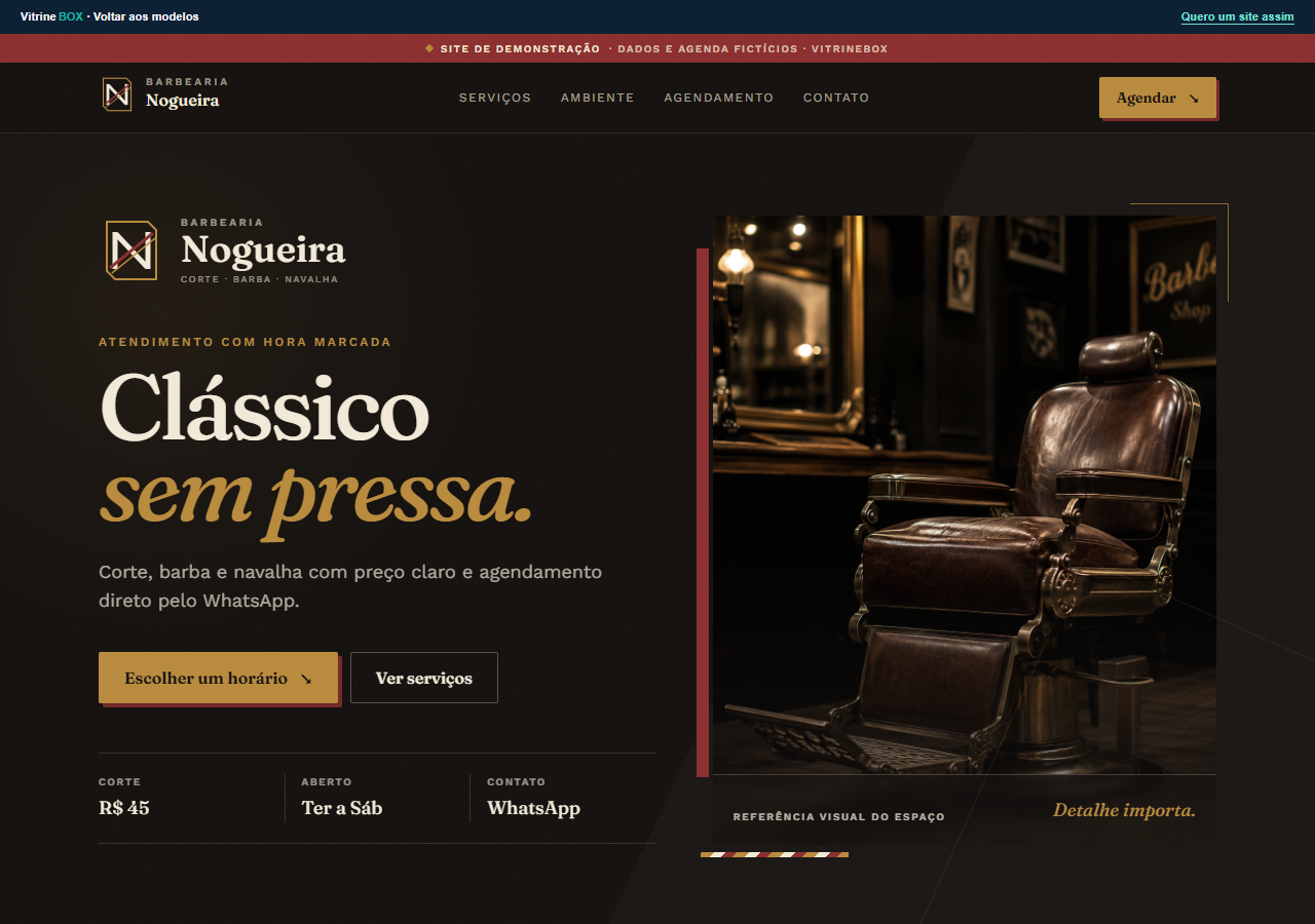 Página do demo Barbearia Nogueira, com serviços e cadeira clássica de barbearia