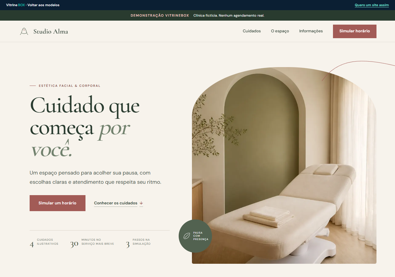 Página do demo Studio Alma, com apresentação da clínica e sala de atendimento